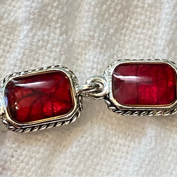 Liz Claiborne Silver Tone Simulated Red Stone Dangle Earings - Picture 6 of 9